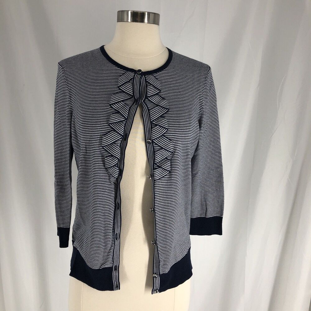 Talbots Womens Sz Medium Striped Ruffle Cardigan Navy White Sweater Button Front